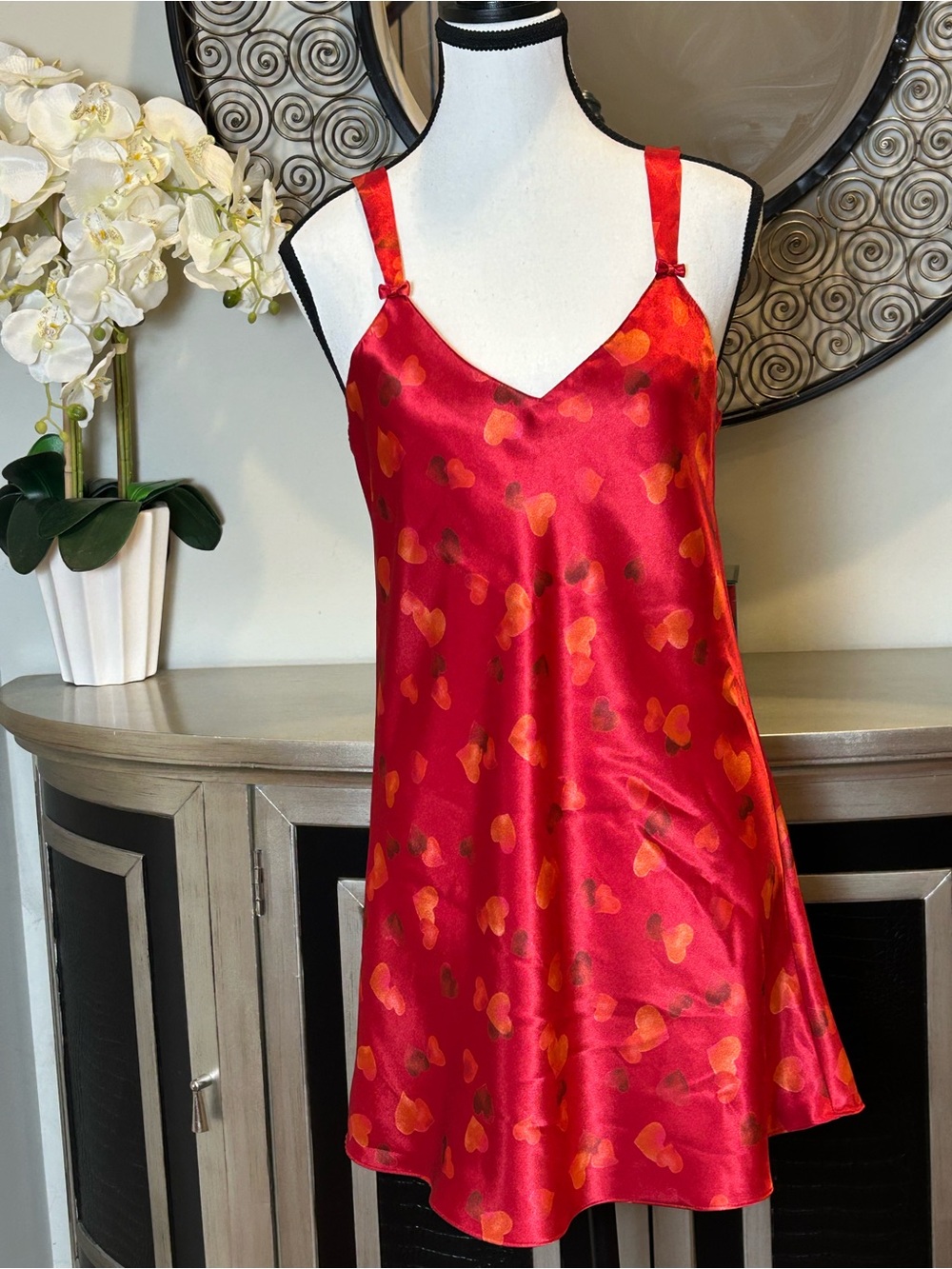 Jones New York Red Satin Heart-Print Slip Dress
